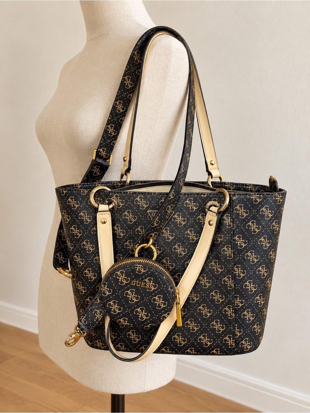 GUESS Black and Tan Signature Logo Tote with Coin Pouch